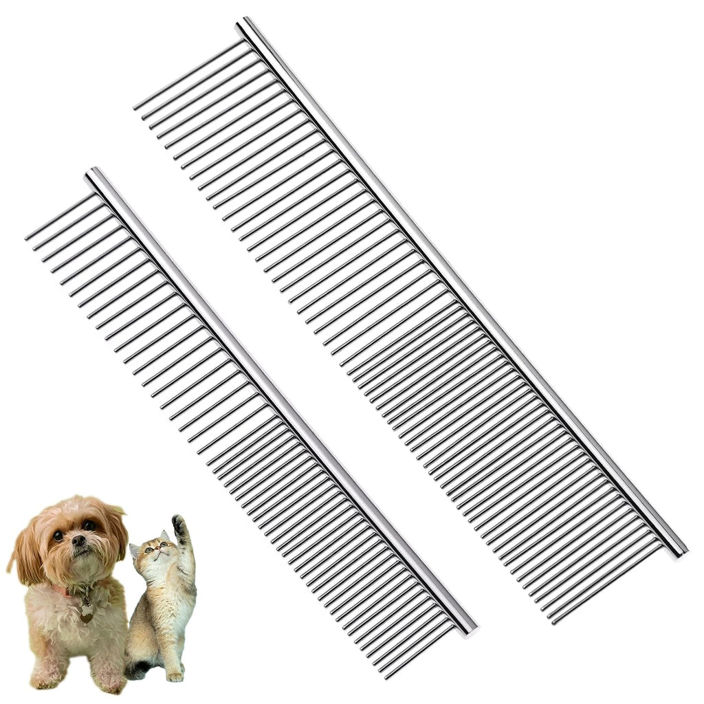 2PCS 6.4"&7.5" Stainless Steel Pet Deshedding Brush & Grooming Comb | Rustproof Stainless Steel, Remove Loose Fur & Tangles, Gentle on Skin, For Dogs Cats All Hair Types, Easy Clean Grooming Tool