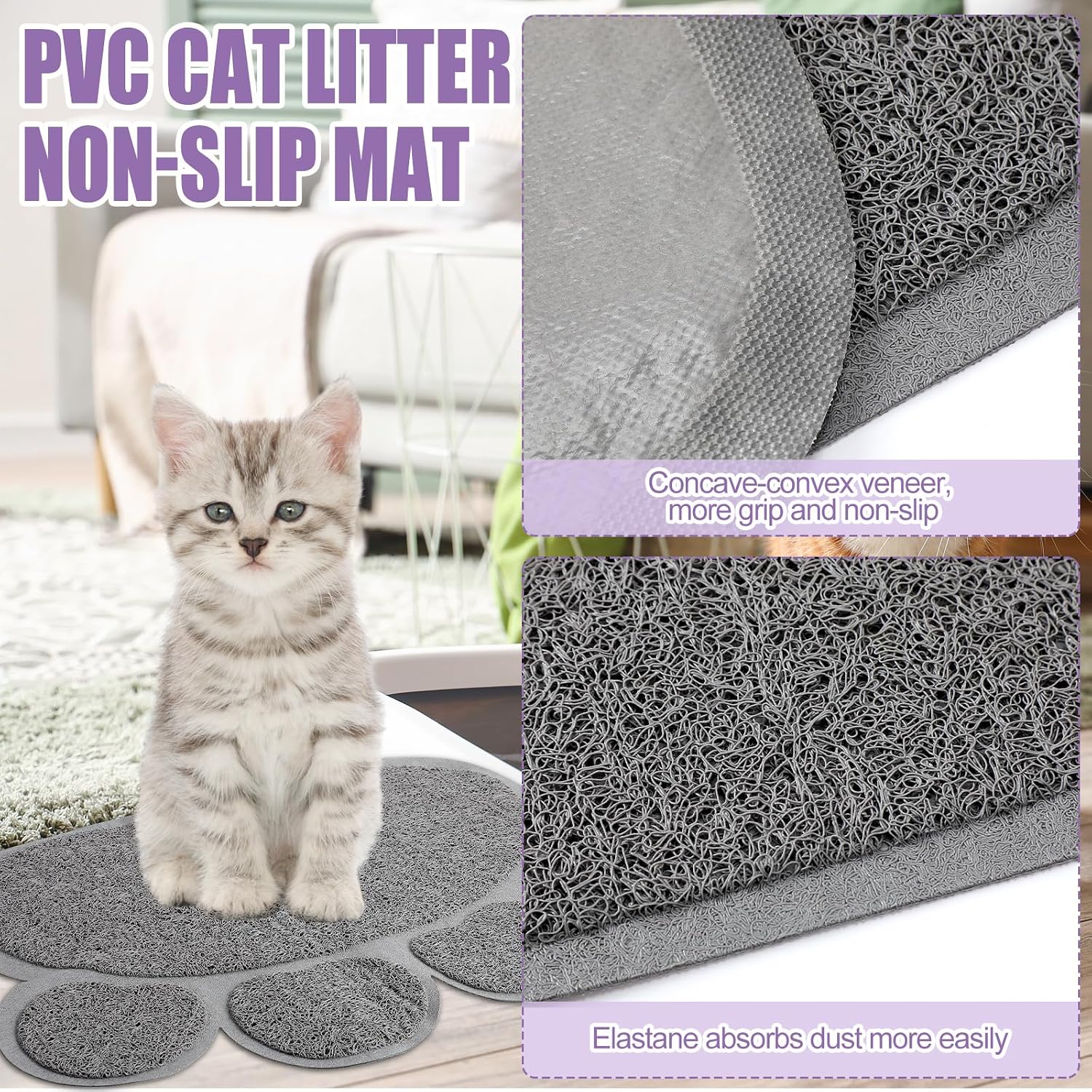 7 pcs small cat kitten starter kit cat litter box with shovel paw litter mat double automatic kitten bowls toy teaser stick collar essentials kits for 1-3 lbs beginner (stylish, purple) - view 4