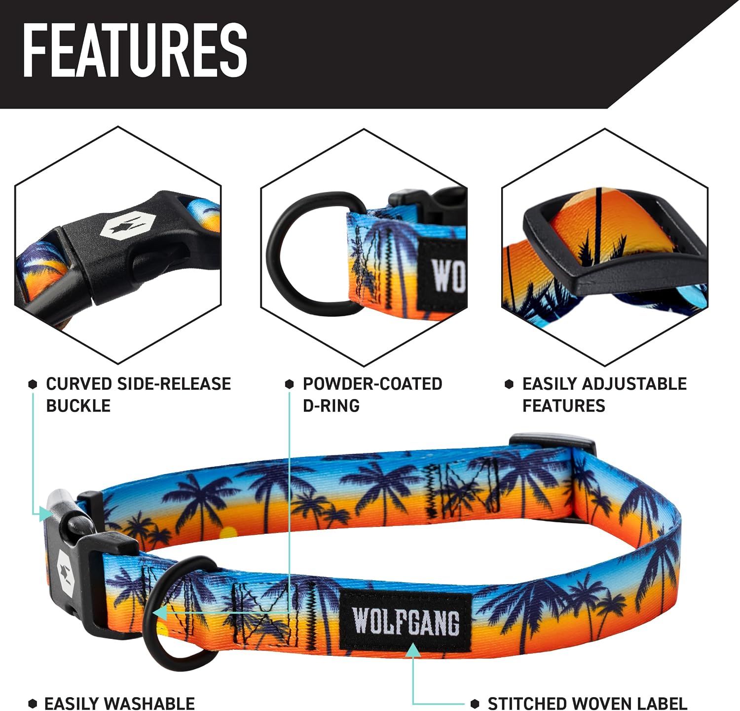 Heavy duty, adjustable dog collar with quick release nylon buckle for walking & training, sunsetpalms print, medium - view 3