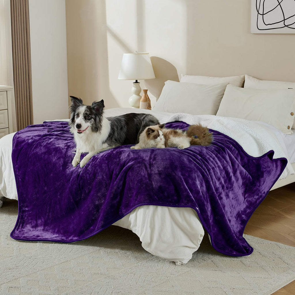 Waterproof blanket for bed couch sofa, soft liquid pee proof pet blanket for dog puppy cat, reversible sherpa fleece furniture protector (dark purple, 50x60 inches) - view 4