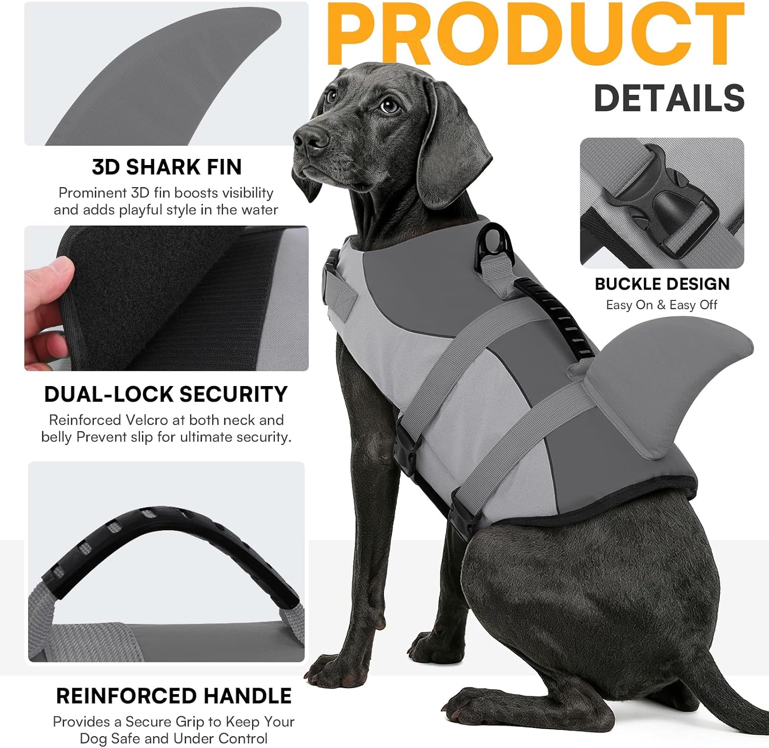 Dog life jacket ripstop shark dog safety vest adjustable preserver with high buoyancy and durable rescue handle for small, medium, large dogs, grey shark large - view 3