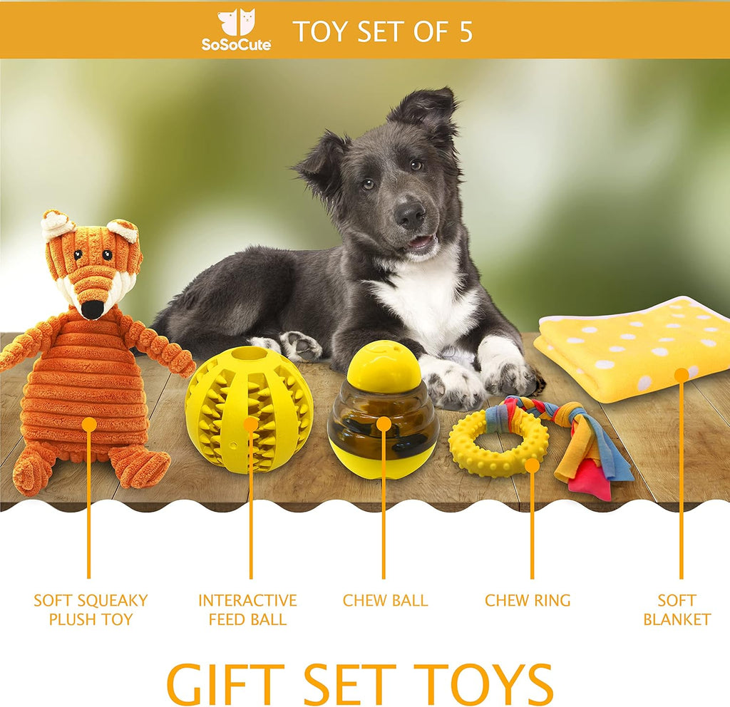 Puppy starter kit – 5pc dog toy gift set for small dogs – new puppy essentials gift box with blanket, squeaky plush, teething ring, treat ball & chew ball (yellow) - view 3