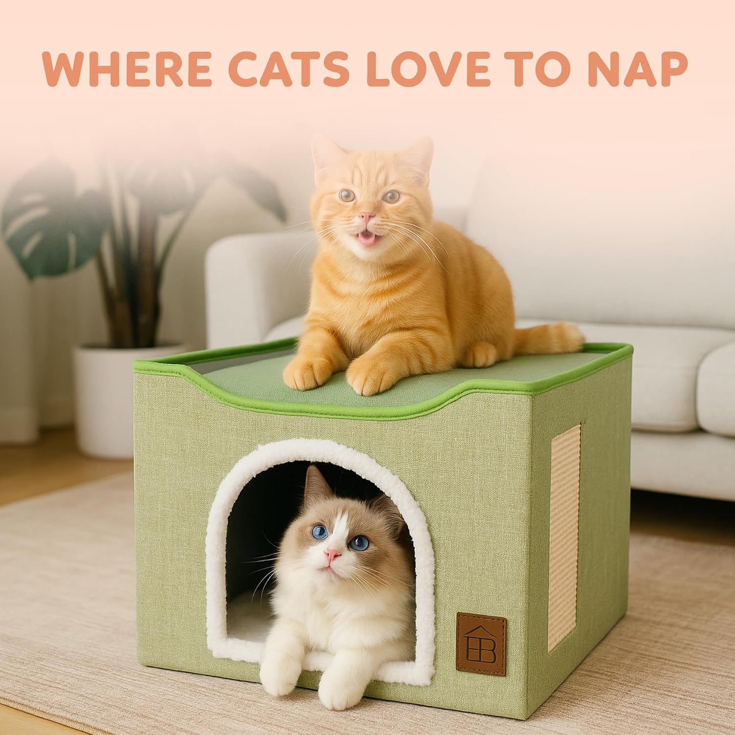 EverBrightly Cat Condo Bed | Foldable Pet Cave with Scratcher Pad, Reversible Cushion & Hanging Toy Ball | Indoor Hideaway, Lounge Perch & Playhouse, Durable Linen with Cozy Sherpa - view 4