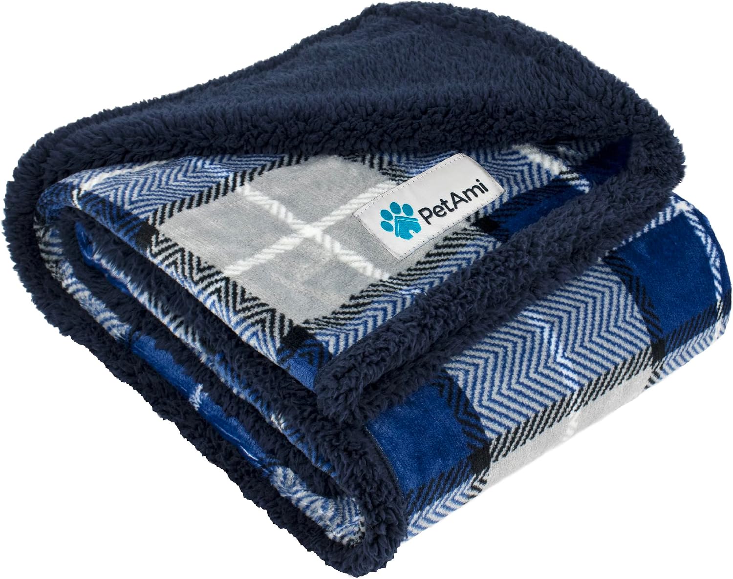 Dog Blanket for Small Medium Dogs and Cats, Soft Sherpa Fleece Pet Blanket Throw Puppies Kittens, Reversible Plush Couch Cover Protector Sofa Bed Crate, Machine Washable, 60x40, Plaid Navy Blue