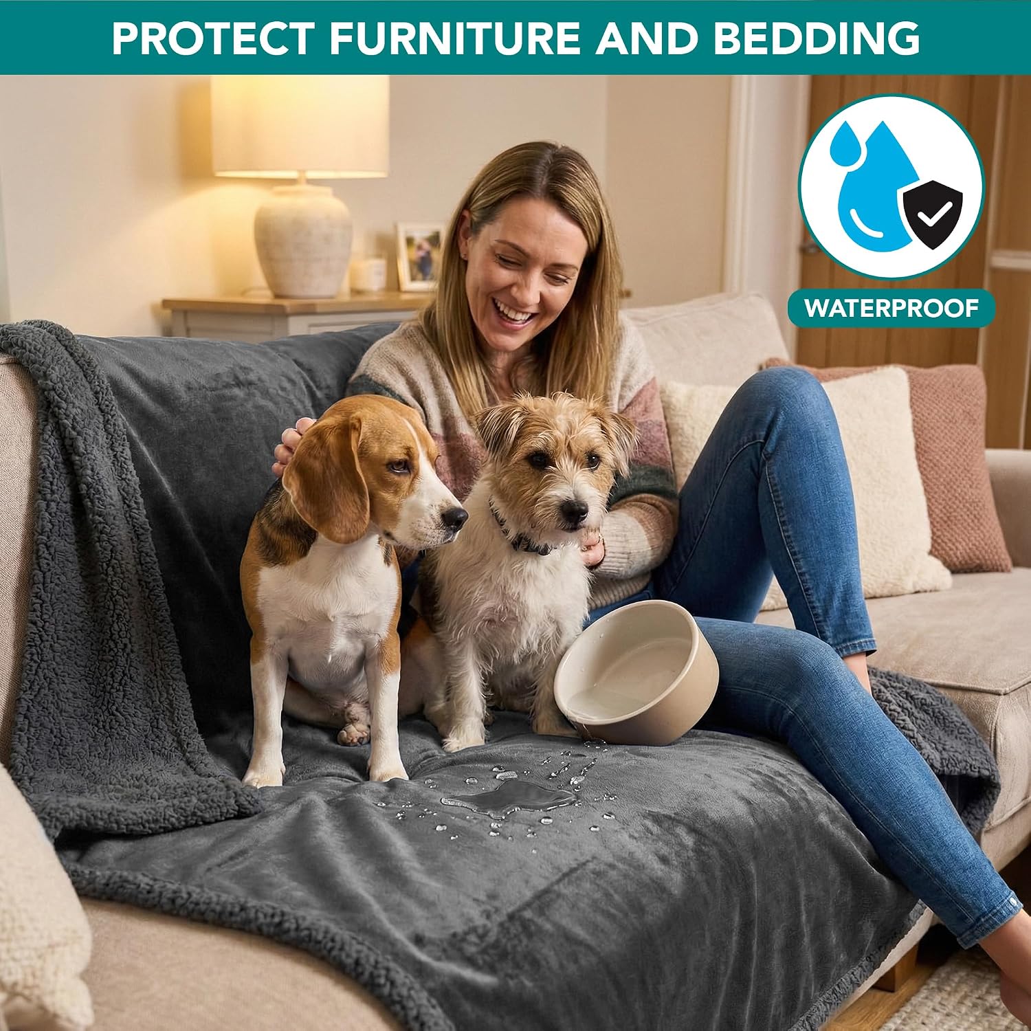 Waterproof Dog Blanket for Couch, Extra Large 80x60, Pee Proof Sherpa Fleece Reversible Pet Throw, Furniture Protector for Bed Sofa Crate Kennel, Soft Washable Cover for Dog Cat, Grey Sherpa - view 2