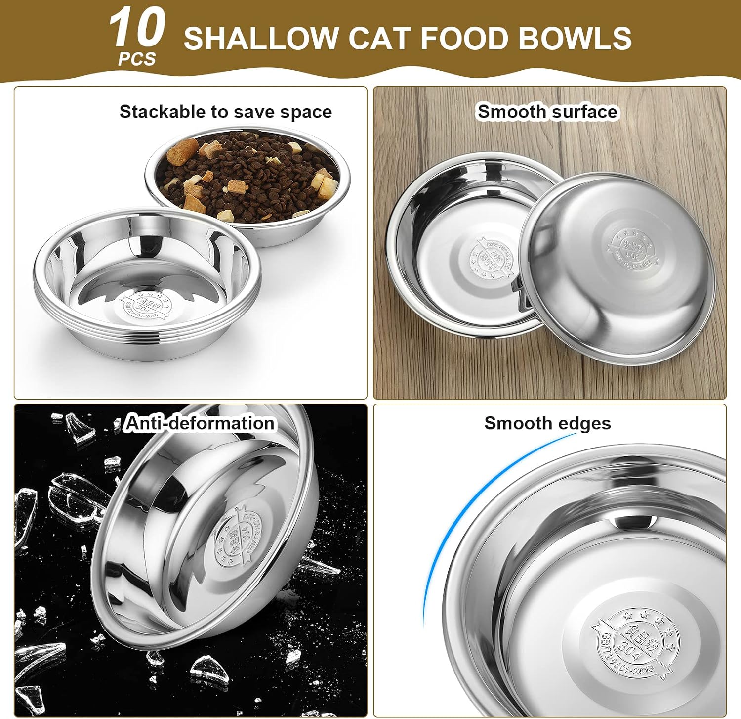 10 Pcs Stainless Steel Cat Bowls Bulk, Small Dog Shallow Food Bowls Replacement Metal Cat Dishes for Pet Food and Water, Dishwasher Safe(5.5 Inch Diameter) - view 3