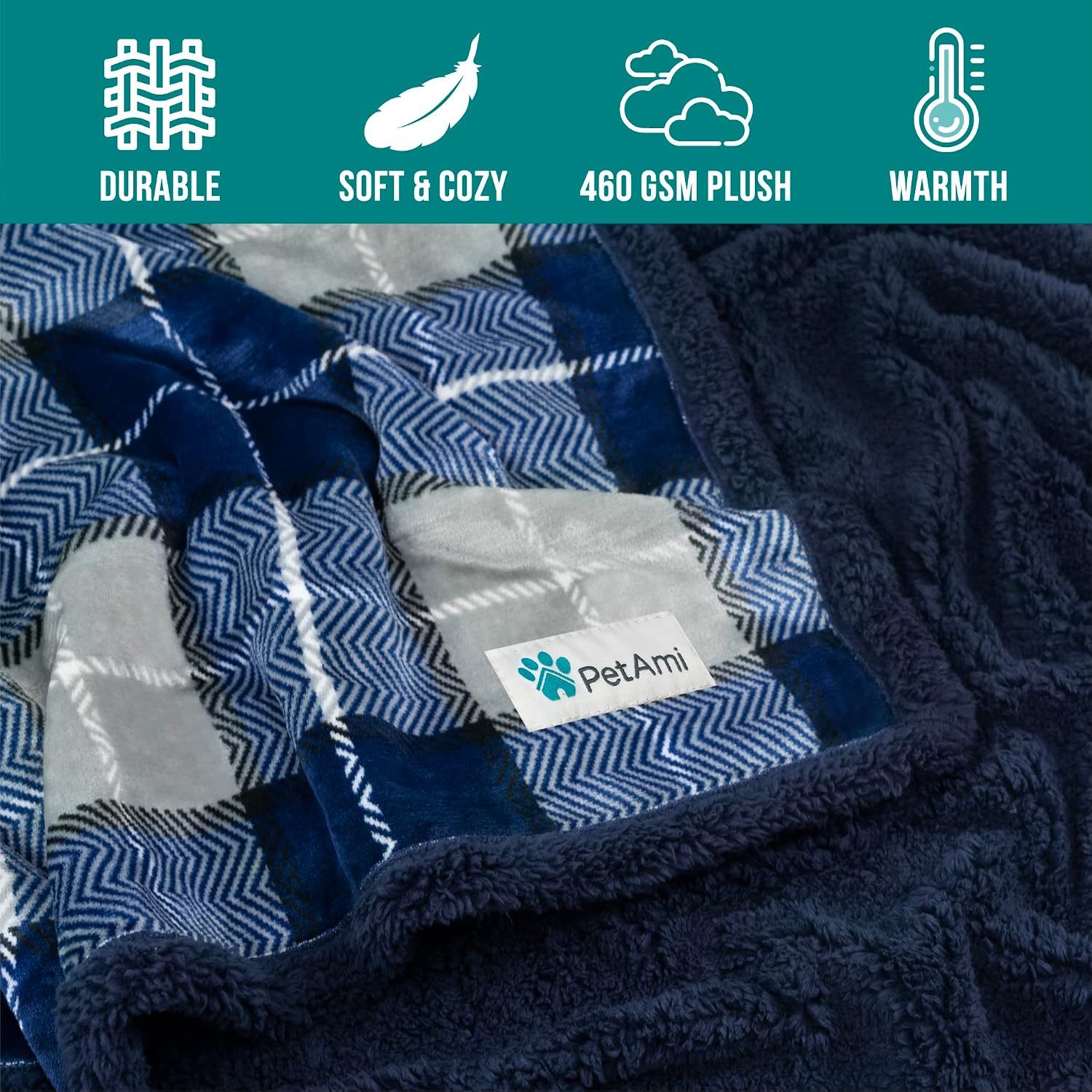 Dog Blanket for Small Medium Dogs and Cats, Soft Sherpa Fleece Pet Blanket Throw Puppies Kittens, Reversible Plush Couch Cover Protector Sofa Bed Crate, Machine Washable, 60x40, Plaid Navy Blue - view 8