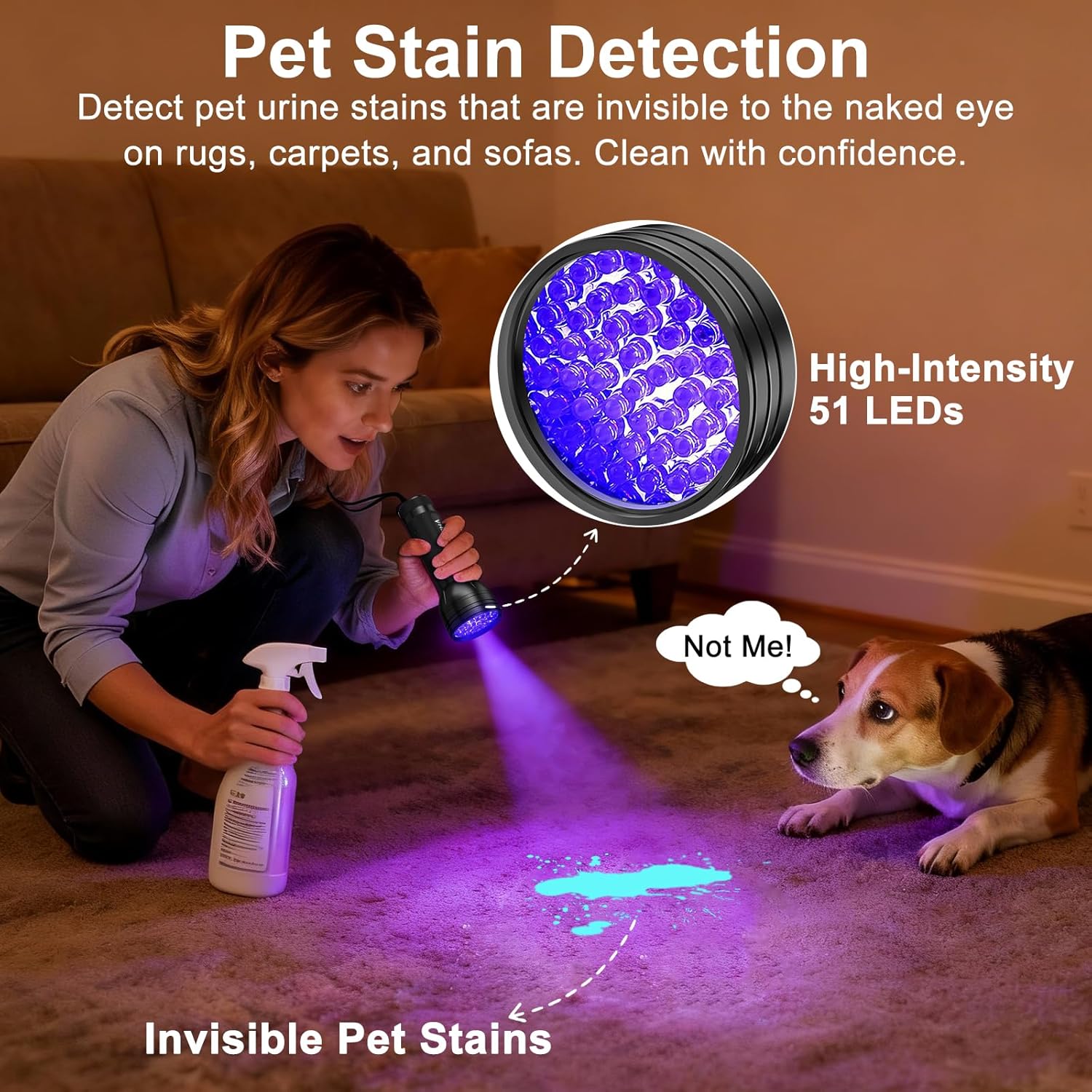 Vansky UV Flashlight Black Light, 51 LED Blacklight Pet Urine Detector for Dog/Cat Urine, Dry Stains, Bed Bug, Resin Curing, Scorpions Finder - view 2
