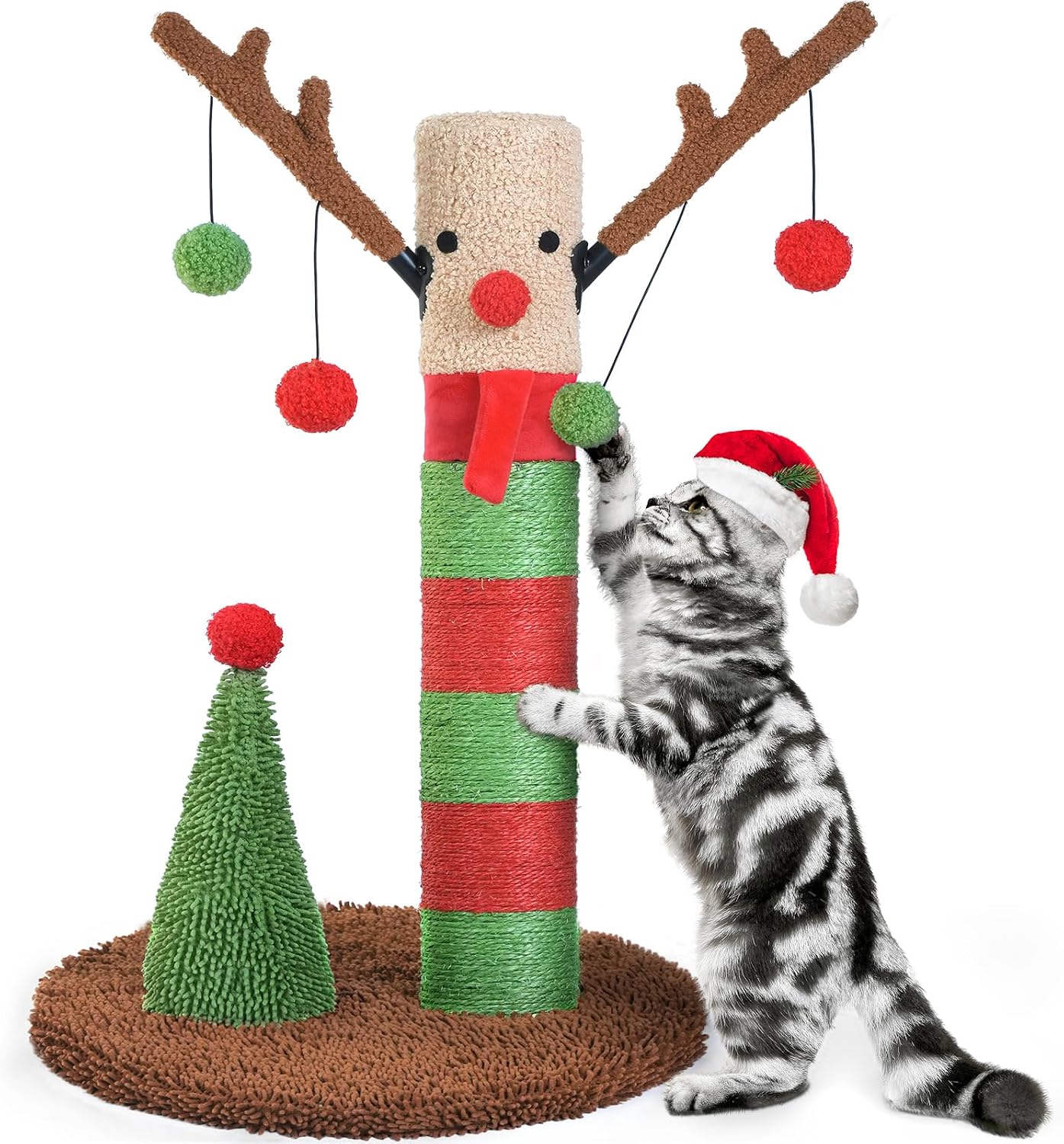 Christmas Cat Scratching Post Deer Cat Trees for Adult Cats Scratcher Cute Toy Kitten Kitty Sisal Scratch with Teaser Ball Indoor 25 inch