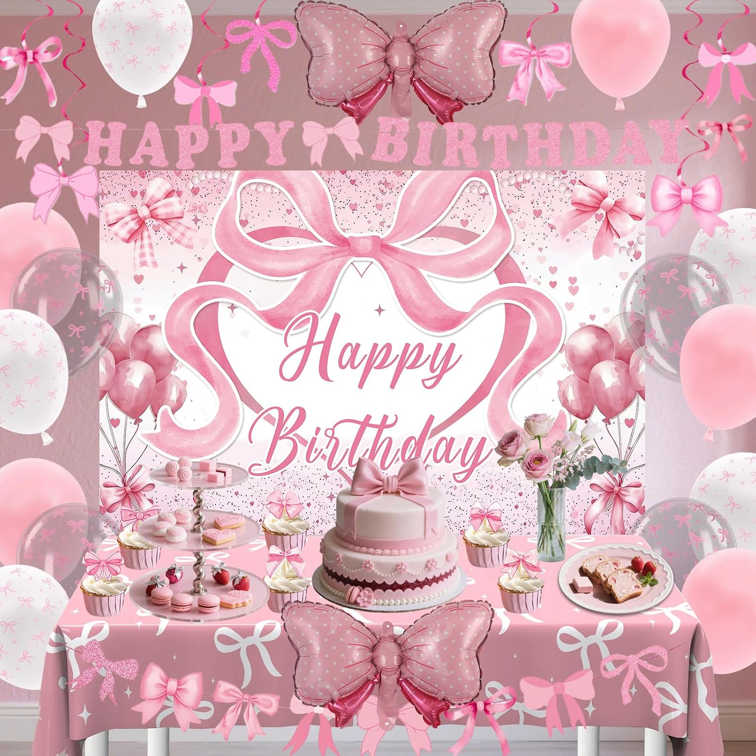 Pink Bow Birthday Decorations for Girls Women, Coquette Birthday Decorations, Pink and White Happy Bday Banner Backdrop Balloons Tablecloth Hanging Swirls Cake Toppers, Bows Theme Party Decor Girl - view 5
