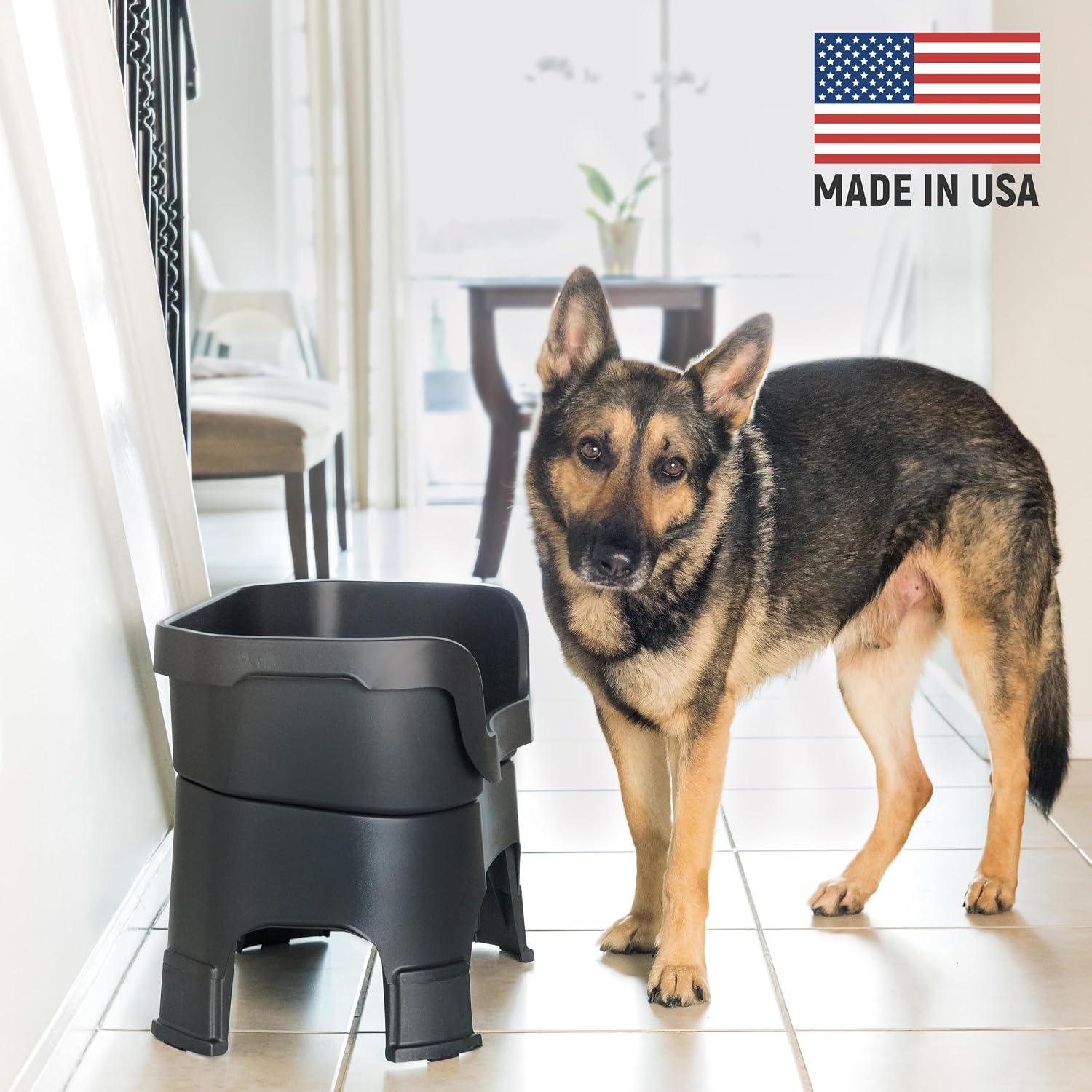 Mess-proof elevated dog bowls for large dogs (40+ lbs), 2 height adjustable (14.5" & 17.5") no-spill raised dog bowl stand, stainless steel food bowl set, made in USA, black - view 2