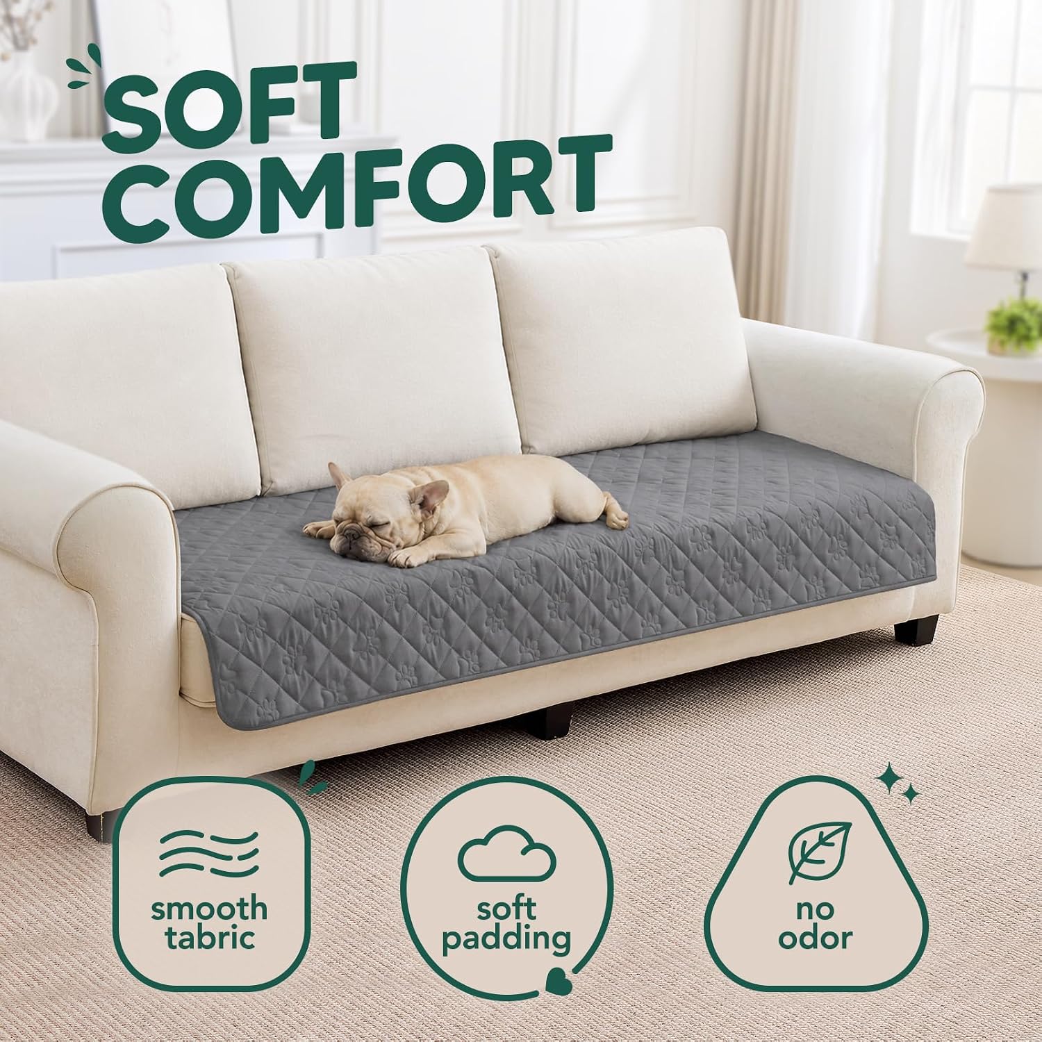 Waterproof Couch Covers for Dogs, Pet Blanket for Sofa Washable | Paw Print Quilted, Hair Resistant, Anti Cat Scratch, Pee Proof Furniture Protector for 3 Seat Sofa and Bed, 30x70 Inch, Grey - view 4