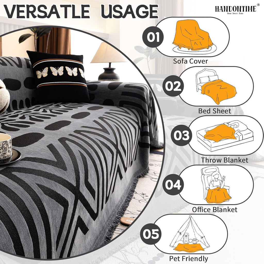 Boho Couch Cover Blanket Geometric Striped Pet Covers for Couches and Sofas Dark Grey and Black Dog Cover for Couch Pet Friendly Chenille Sectional Sofa Covers for Pets Washable, 71" X150" - view 7