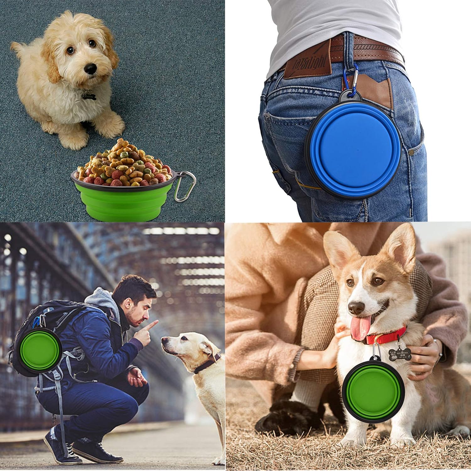 Large collapsible dog bowls, 34oz portable foldable travel water bowl food dishes with carabiner clip for traveling, hiking, walking, 2 pack (purple+green) - view 2
