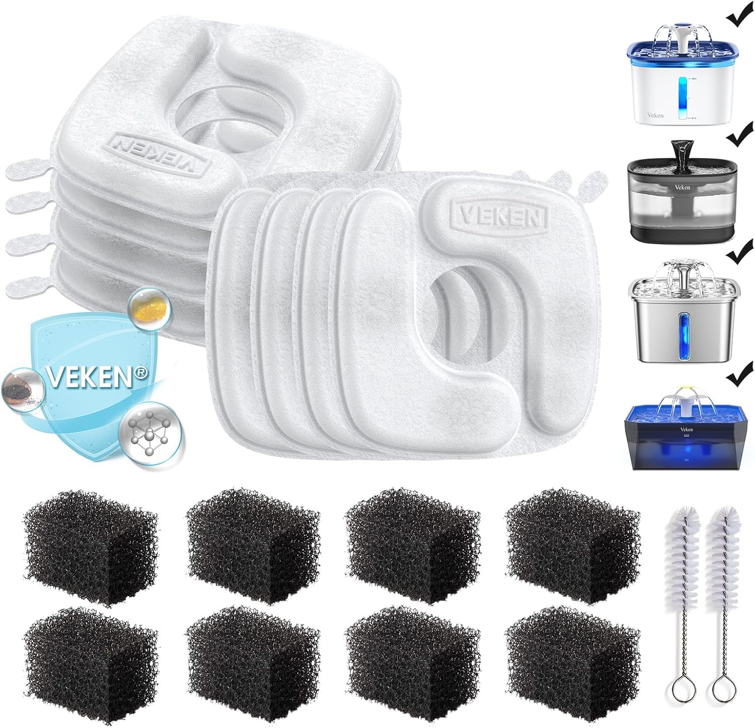 Cat Water Fountain Filters, 8 Pack Replacement Filters | and 8 Pack Replacement Pre-Filter Sponges Set for 50oz, 84oz, 95oz or 108oz Automatic Pet Fountain Dog Water Dispenser