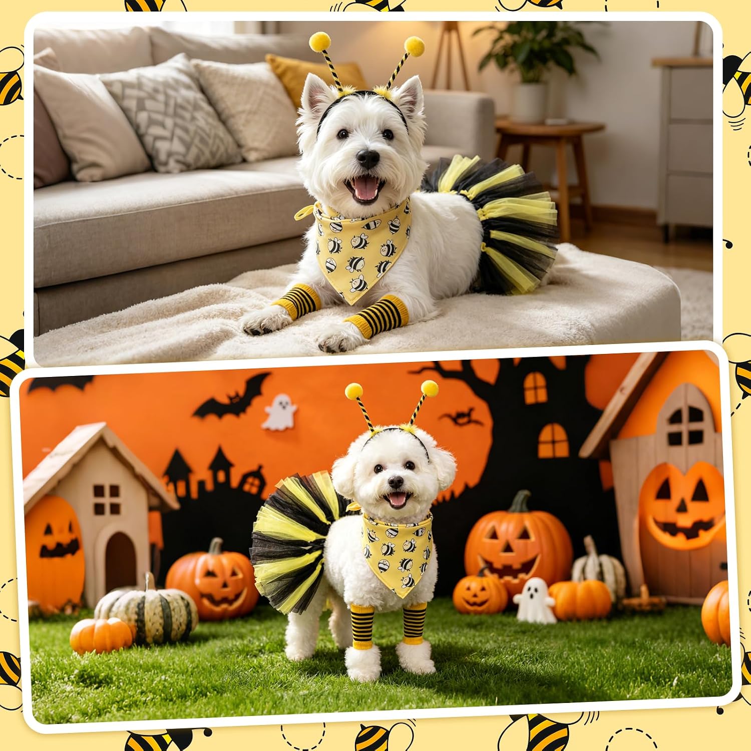 Dog Bee Costume, Bumble bee Dog Bandana Outfit with Cute Headband Tutu Skirt Leg Sleeves Set, Funny Puppy Halloween Costume Party Cosplay Accessory Supplies for Small Medium Dogs Cats - view 7