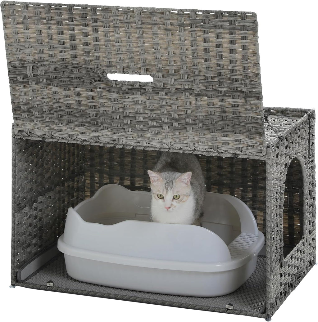 Rattan Cat Litter Box Enclosure, XL, Gray | Handwoven wicker; Hidden litter box furniture; Raised-edge mat; Tall doorway; Odor control; Designed for large cats