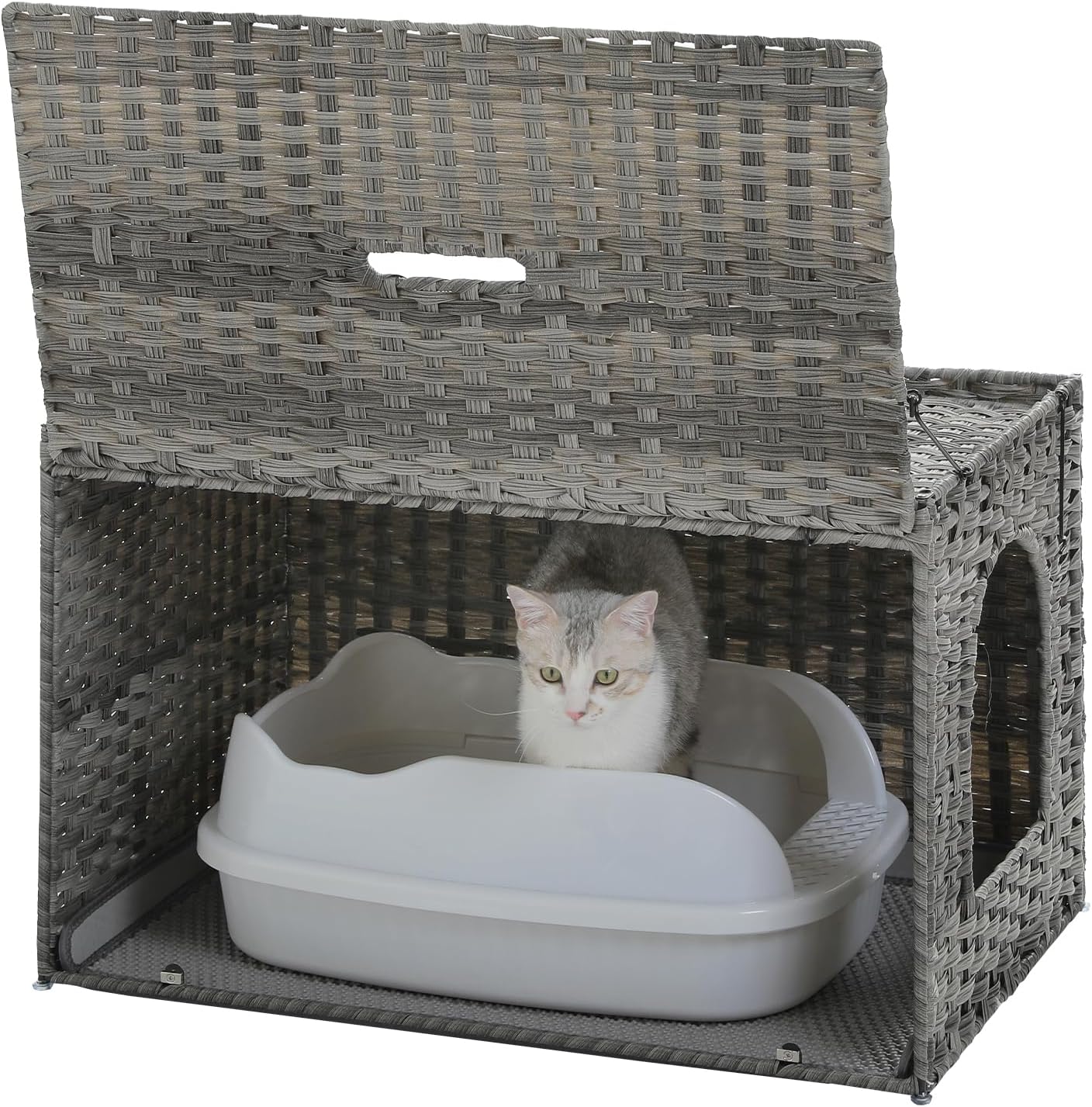 Rattan Cat Litter Box Enclosure, XL, Gray | Handwoven wicker; Hidden litter box furniture; Raised-edge mat; Tall doorway; Odor control; Designed for large cats