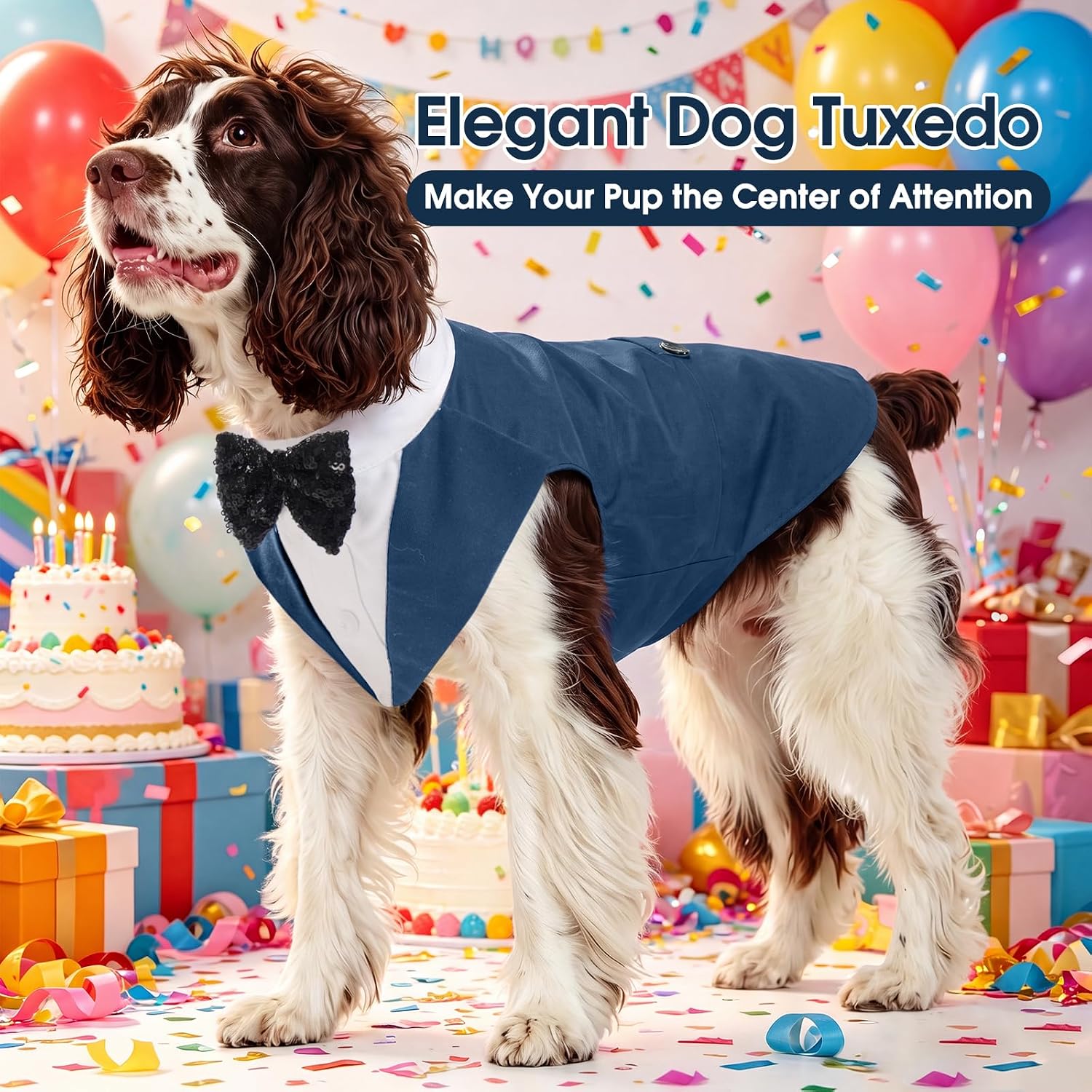 Dog Tuxedo, Dog Suit and Bandana Set, Dogs Costume with D-Ring | Formal Dog Outfit with Detachable Bowtie Collar for Wedding, Birthday, Party, Christmas, Halloween, Royal Blue M - view 6