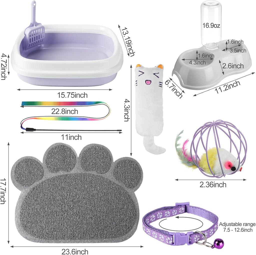 7 pcs small cat kitten starter kit cat litter box with shovel paw litter mat double automatic kitten bowls toy teaser stick collar essentials kits for 1-3 lbs beginner (stylish, purple) - view 2