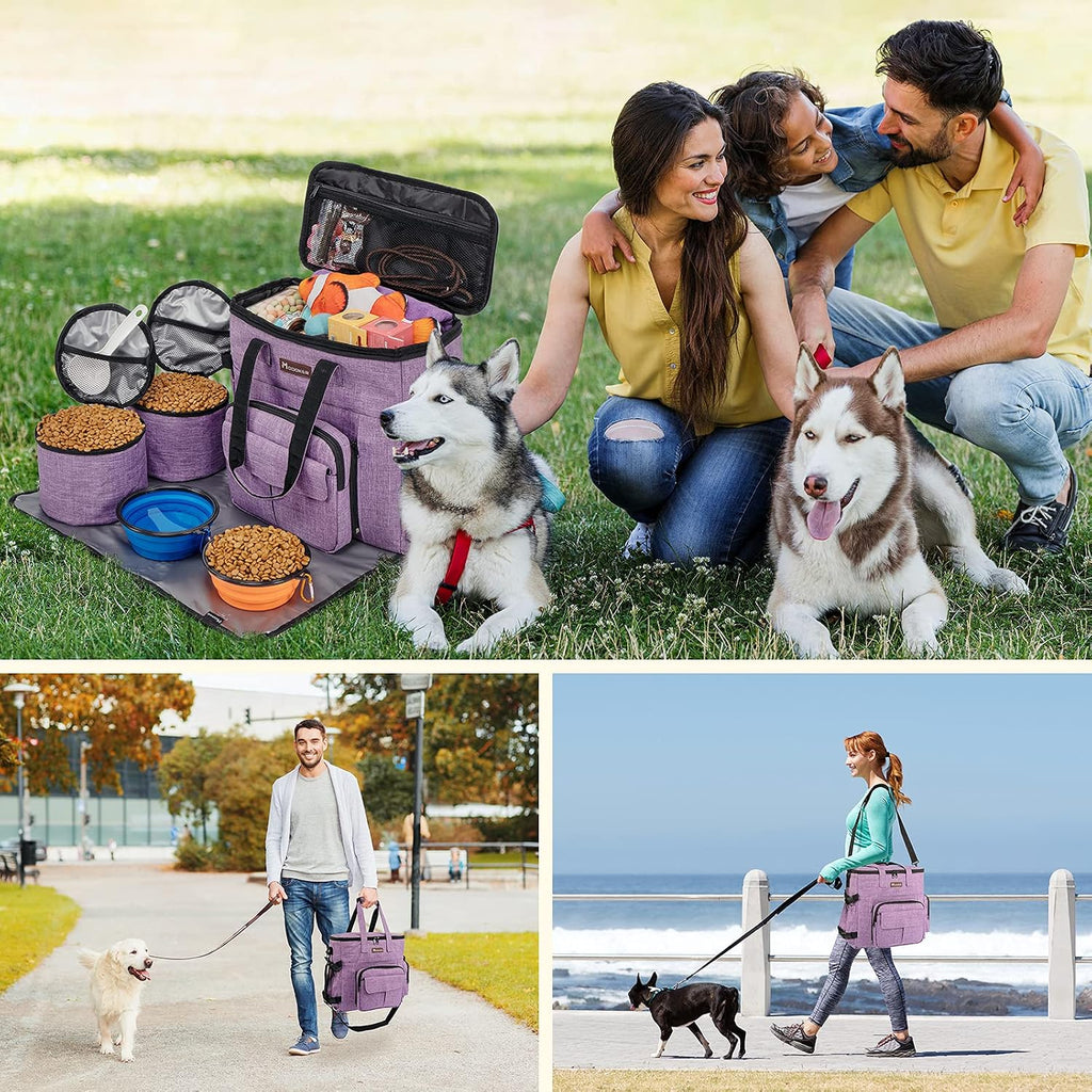 Dog Travel Organizer Carriers for Supplies & Accessories, Airline Approved Cat Pet Travel Bag, 2 Collapsible Bowls, 2 Travel Dog Food Container, Purple | Dog travel accessories set with feeding supplies, bowls, mat, and strap. Ideal for weekend trips. - view 6