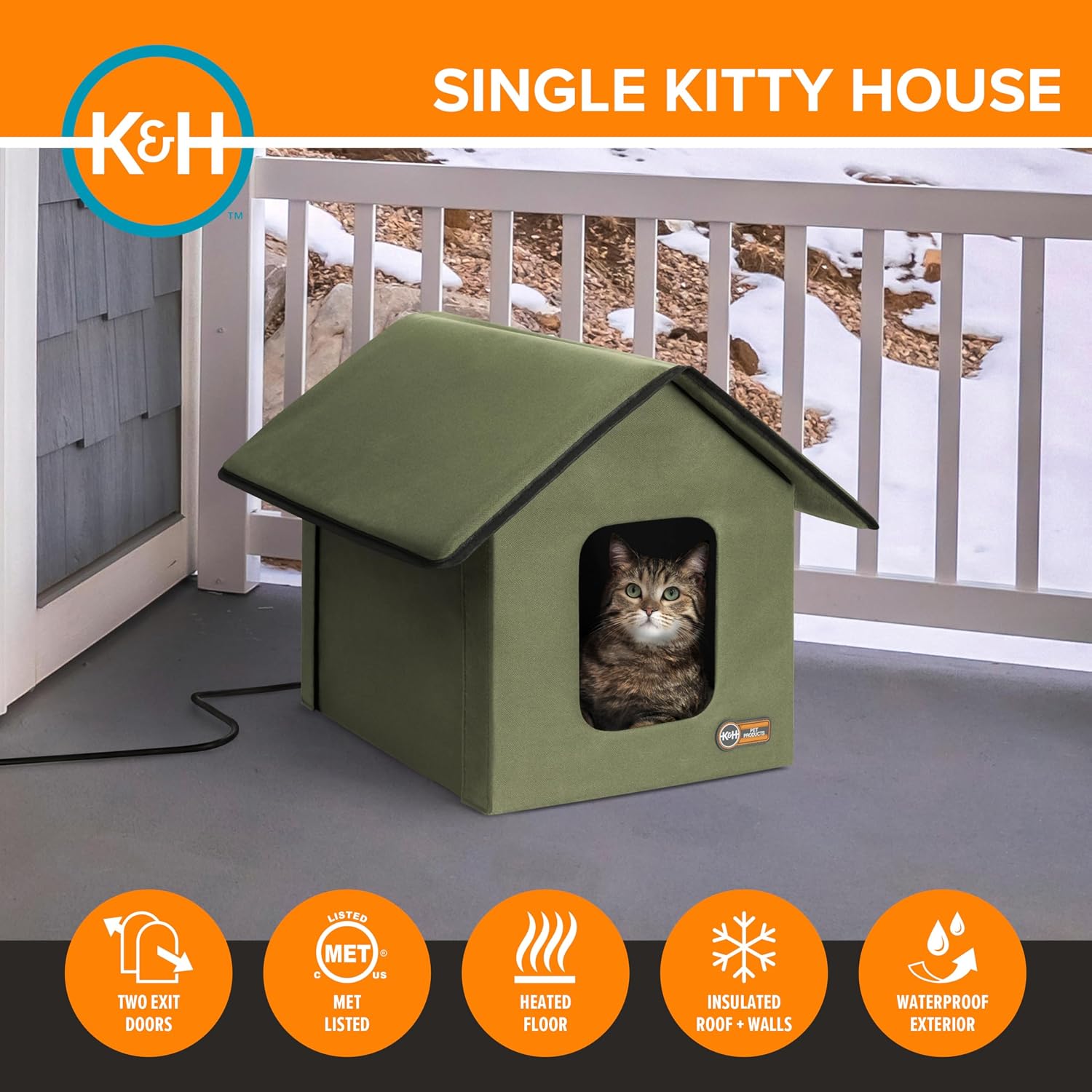 Heated Outdoor Cat House for Outside Pets in Winter, Weatherproof Outdoor House for Ferals, Insulated Kitty Shelter, 2 Doors, Waterproof Heated Cat Bed, Safety Listed - Olive/Olive - view 4