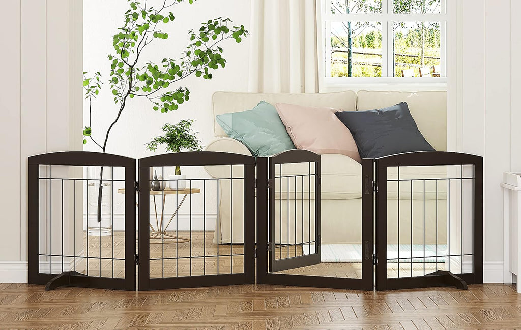 Free Standing Dog Gates for Doorway, Stair, Indoor, Foldable, 24" H | Wooden Small Puppy Pet Gate, Step Over Fence for the House, 60" Wide, Front Door, Kitchen, Living Room, 3 Panels,White - view 5