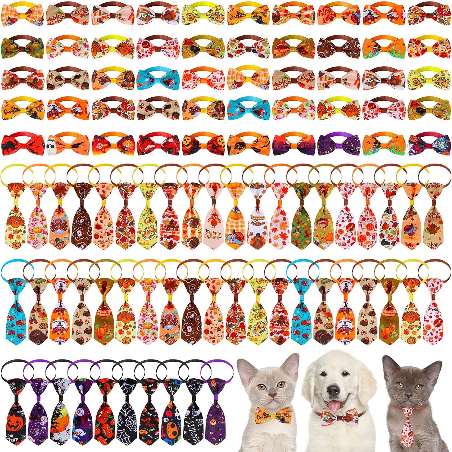 100 Pack Fall Dog Bow Tie Collar Set, 50 Dog Bow Ties and 50 Pet Neckties Maple Leaf Pumpkin Turkey Pattern Pet Costume Accessories for Small Medium Dogs Cats, Thanksgiving Halloween Supplies