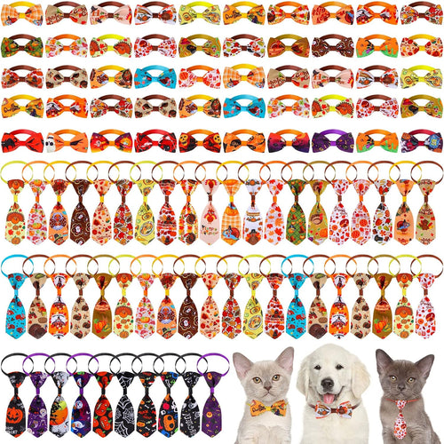 100 Pack Fall Dog Bow Tie Collar Set, 50 Dog Bow Ties and 50 Pet Neckties Maple Leaf Pumpkin Turkey Pattern Pet Costume Accessories for Small Medium Dogs Cats, Thanksgiving Halloween Supplies