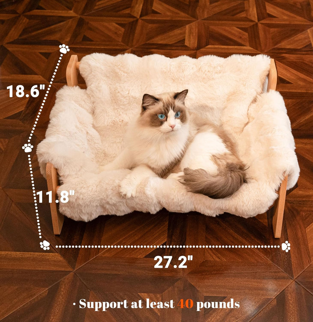 Elevated Cat Couch Bed Wooden Raised Kitty Sofa Lounge Chair | Washable Fluffy Cover Wooden Elevated Pet Furniture for Indoor Cats and Puppy(White) - view 5