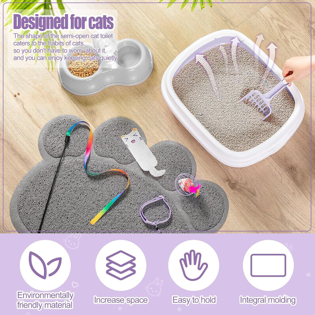 7 pcs small cat kitten starter kit cat litter box with shovel paw litter mat double automatic kitten bowls toy teaser stick collar essentials kits for 1-3 lbs beginner (stylish, purple) - view 3