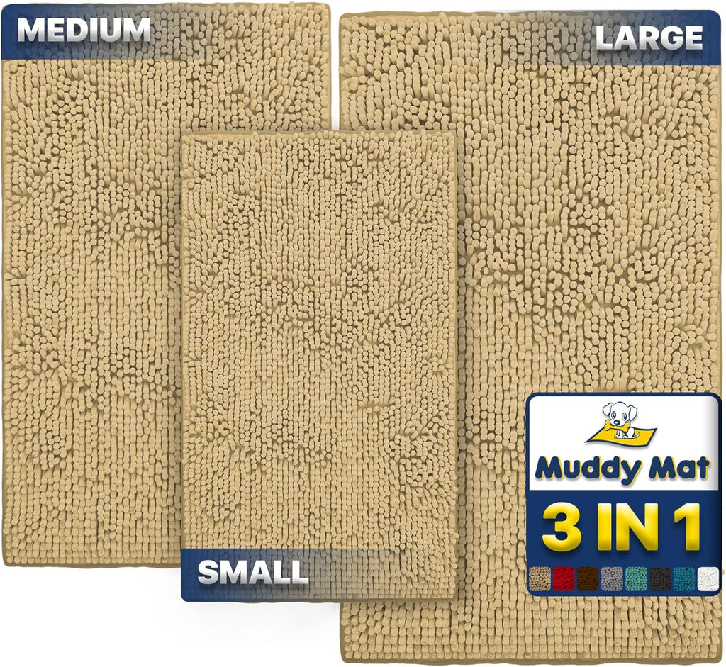 Pack of 3 Highly Absorbent Microfiber Dog Door Mat and Pet Rug, Non Slip Thick Washable Area Mat Soft Chenille for Kitchen Bathroom Bedroom and Outdoor - Beige Small, Medium & Large