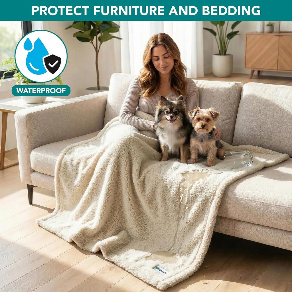 Fluffy Sherpa Waterproof Dog Blanket for Medium Pet Cat 29x40, Beige | Soft & Warm & Washable; Leafproof Couch Sofa Protector for Small Medium Large Pet; Pee Proof Cover for Crate Kennel Car Seat - view 2