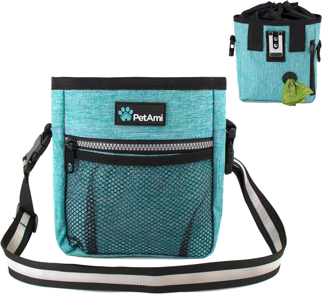 Dog Treat Pouch | Dog Training Pouch Bag with Waist Shoulder Strap, Poop Bag Dispenser | Treat Training Bag for Treats, Kibbles, Pet Toys | 3 Ways to Wear (Turquoise) | No bowl included