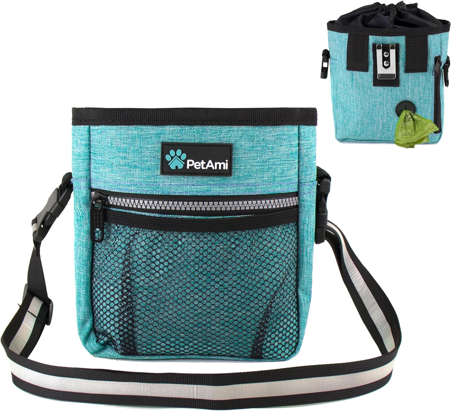 Dog Treat Pouch | Dog Training Pouch Bag with Waist Shoulder Strap, Poop Bag Dispenser | Treat Training Bag for Treats, Kibbles, Pet Toys | 3 Ways to Wear (Turquoise) | No bowl included