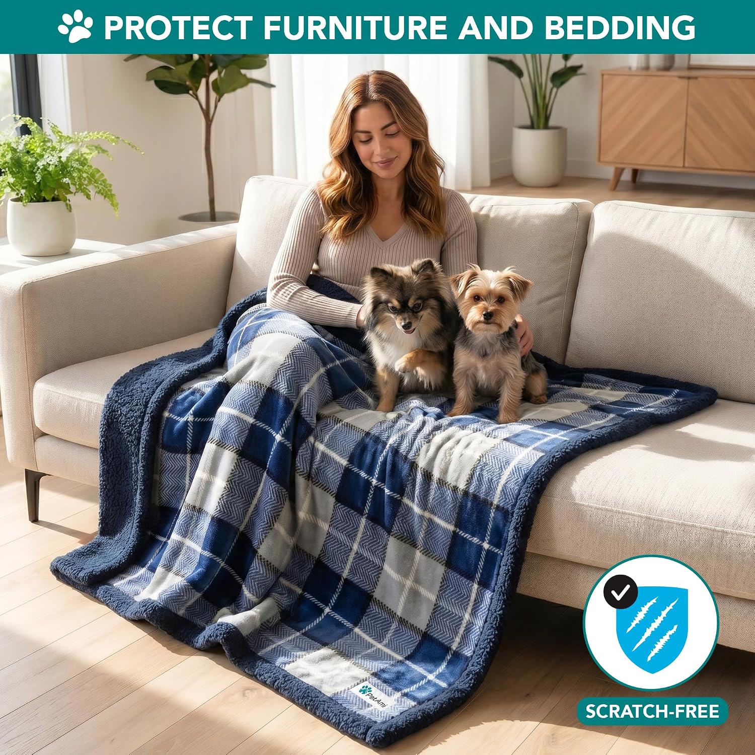 Dog Blanket for Small Medium Dogs and Cats, Soft Sherpa Fleece Pet Blanket Throw Puppies Kittens, Reversible Plush Couch Cover Protector Sofa Bed Crate, Machine Washable, 60x40, Plaid Navy Blue - view 3