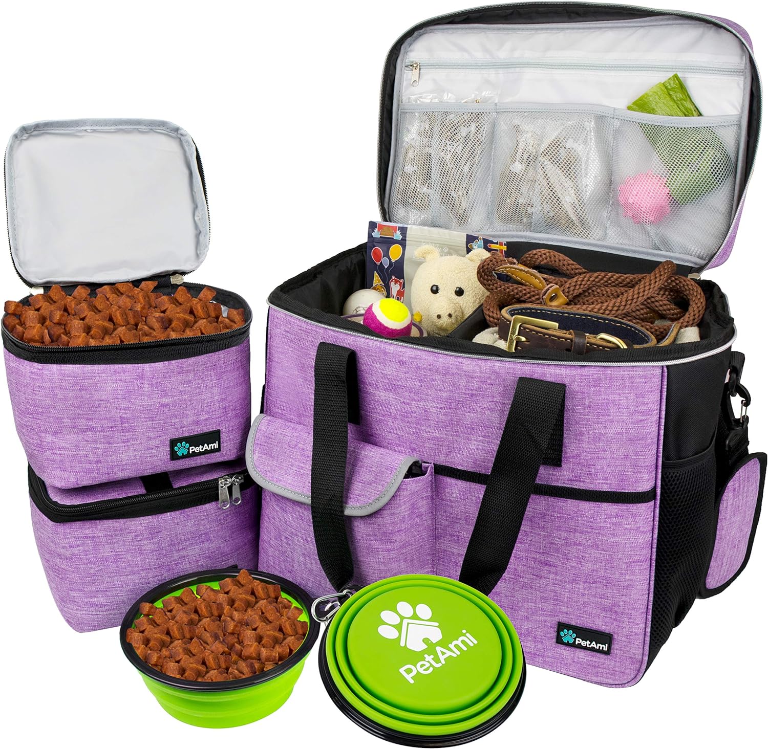 Dog Travel Bag Organizer, Pet Travel Kit with 2 Food Containers & 2 Collapsible Dog Bowls, Pet Supplies Tote with Luggage Sleeve, Weekend Road Trip Camping Essentials, Purple, Large