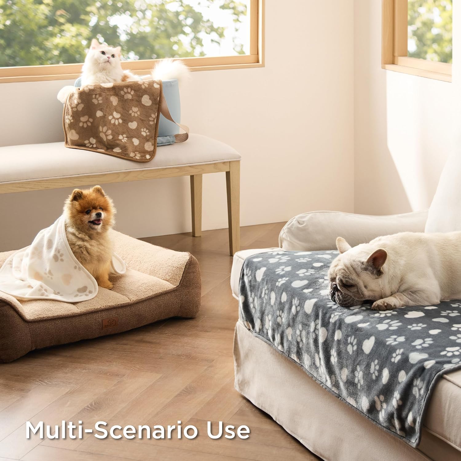 Dog Blanket for Small Dogs Puppy Cat, Flannel Fleece, 3-Pack 30x20 | 280GSM Coral Fleece,Washable Fuzzy Pet Blanket with Paw Prints for Crate Cage, Dog Bed,Puppy Essentials, Doggy Kitten Gifts - view 2