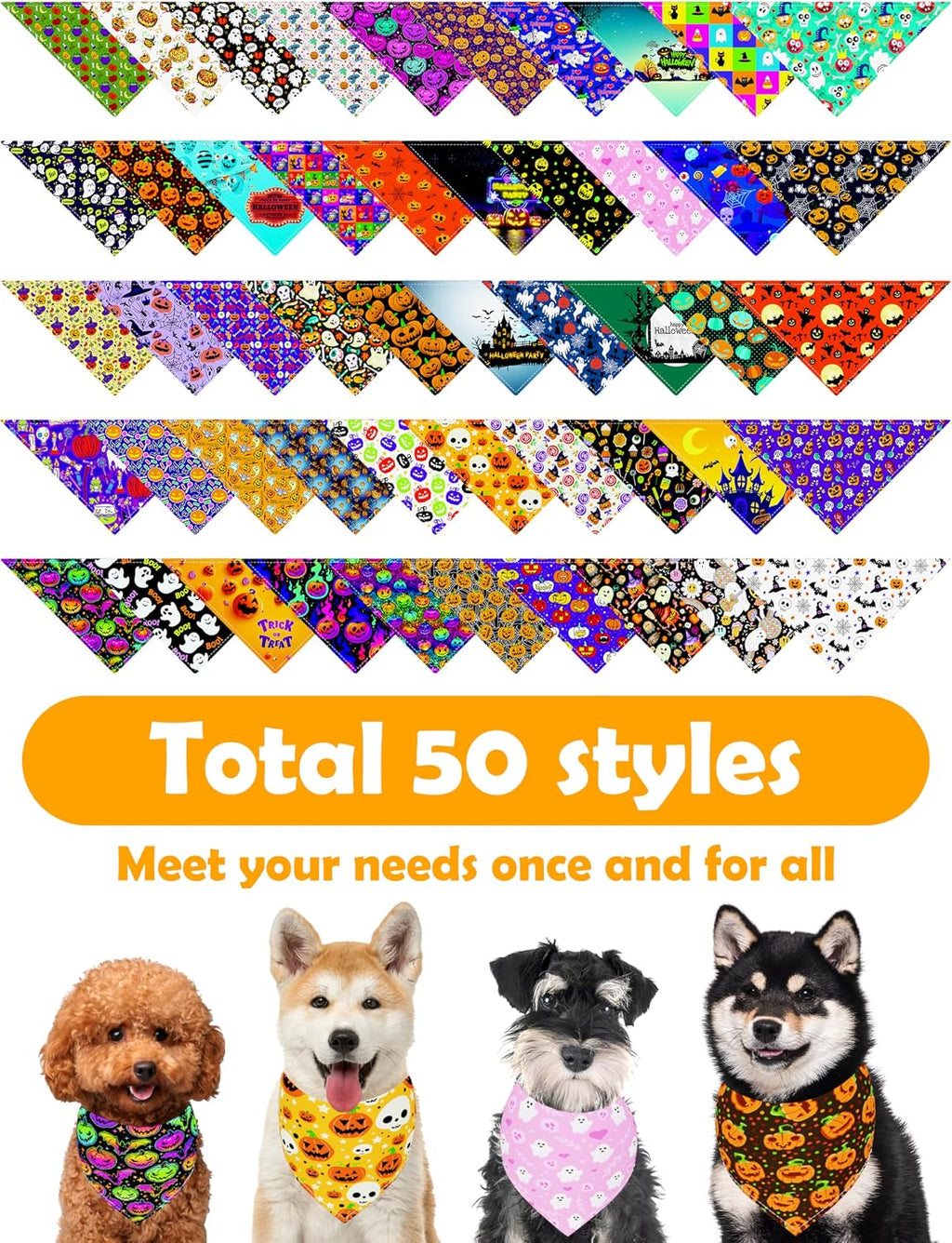 50 Pack Halloween Dog Bandanas Bulk for Large Dogs | Washable triangle bibs scarves,polyester,for medium pets,holiday birthday party grooming accessories - view 3