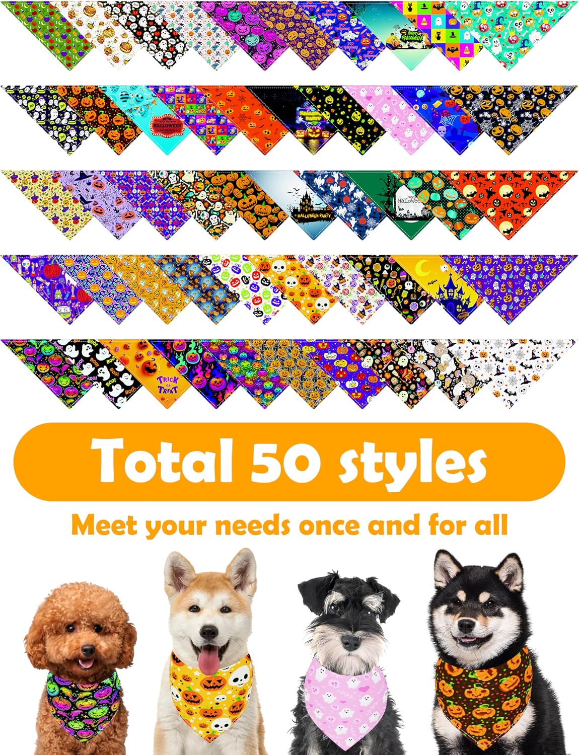 50 Pack Halloween Dog Bandanas Bulk for Large Dogs | Washable triangle bibs scarves,polyester,for medium pets,holiday birthday party grooming accessories - view 3