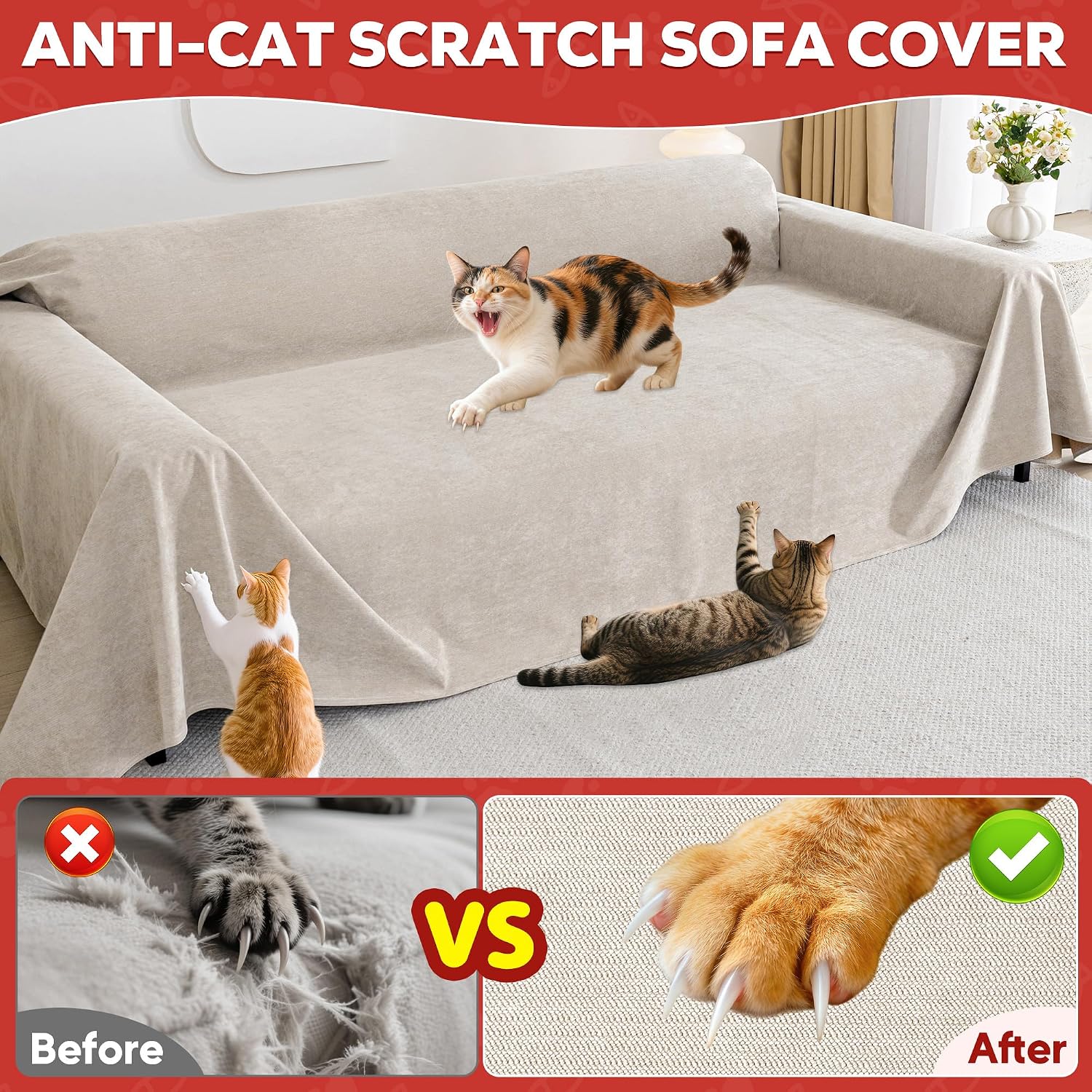 Cat Scratch Proof Furniture Protector Waterproof Sofa Cover 150"x71" | Pet-Friendly Couch Protector, Anti-Scratch & Anti-Slip Sofa Cover For Cats Dogs Kids, Machine Washable - view 5