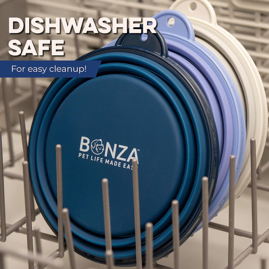 Collapsible Dog Water Bowl - BPA-Free Silicone Dog Dish - Reinforced Rim Collapsible Bowl - Carabiner Clip Travel Dishes for Pets - for Hiking, Camping & Car Trips - Large 33 Oz, Navy Blue - view 6