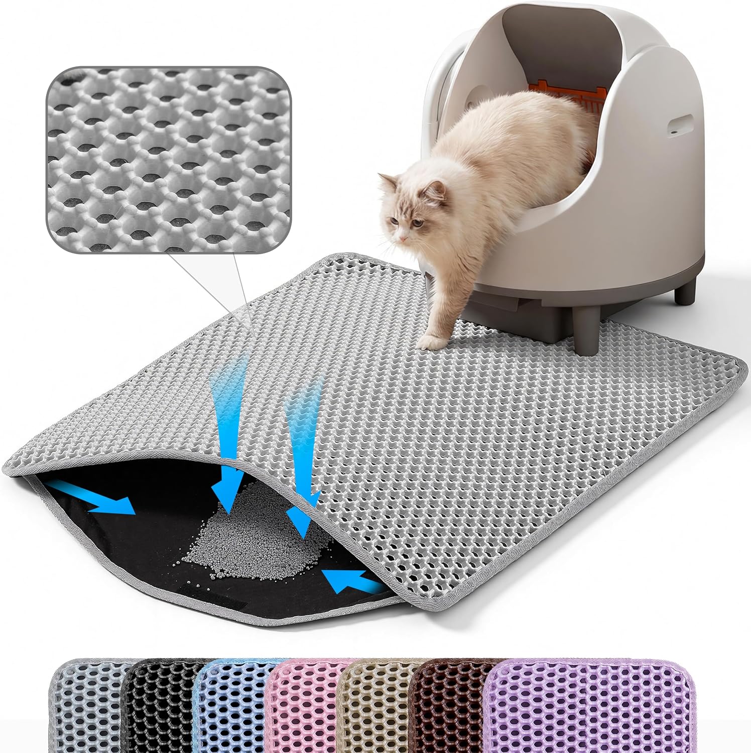 Cat litter mat, double layer honeycomb litter box mat | 24x18", efficient litter trapping, easy to clean, waterproof, non-slip, soft on paws, scratch resistant, gray, large