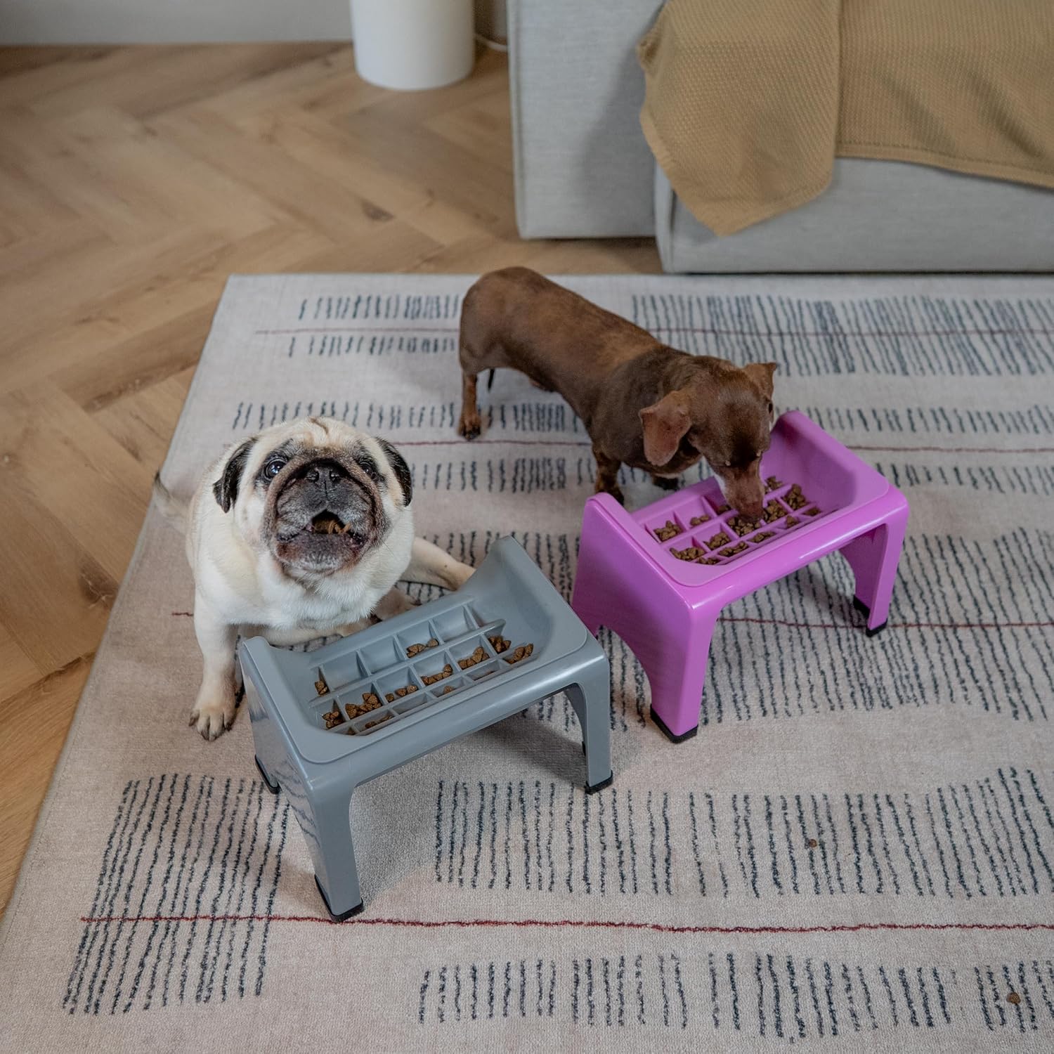 Elevated Slow Feeder Dog Bowls | Puzzle Cat Bowl with Vet Approved & Non-Toxic Silicone Minimizes Neck Strain | Slow Feeder Bowl Inset Ideal for Flat Face Pets (Grey) - view 2