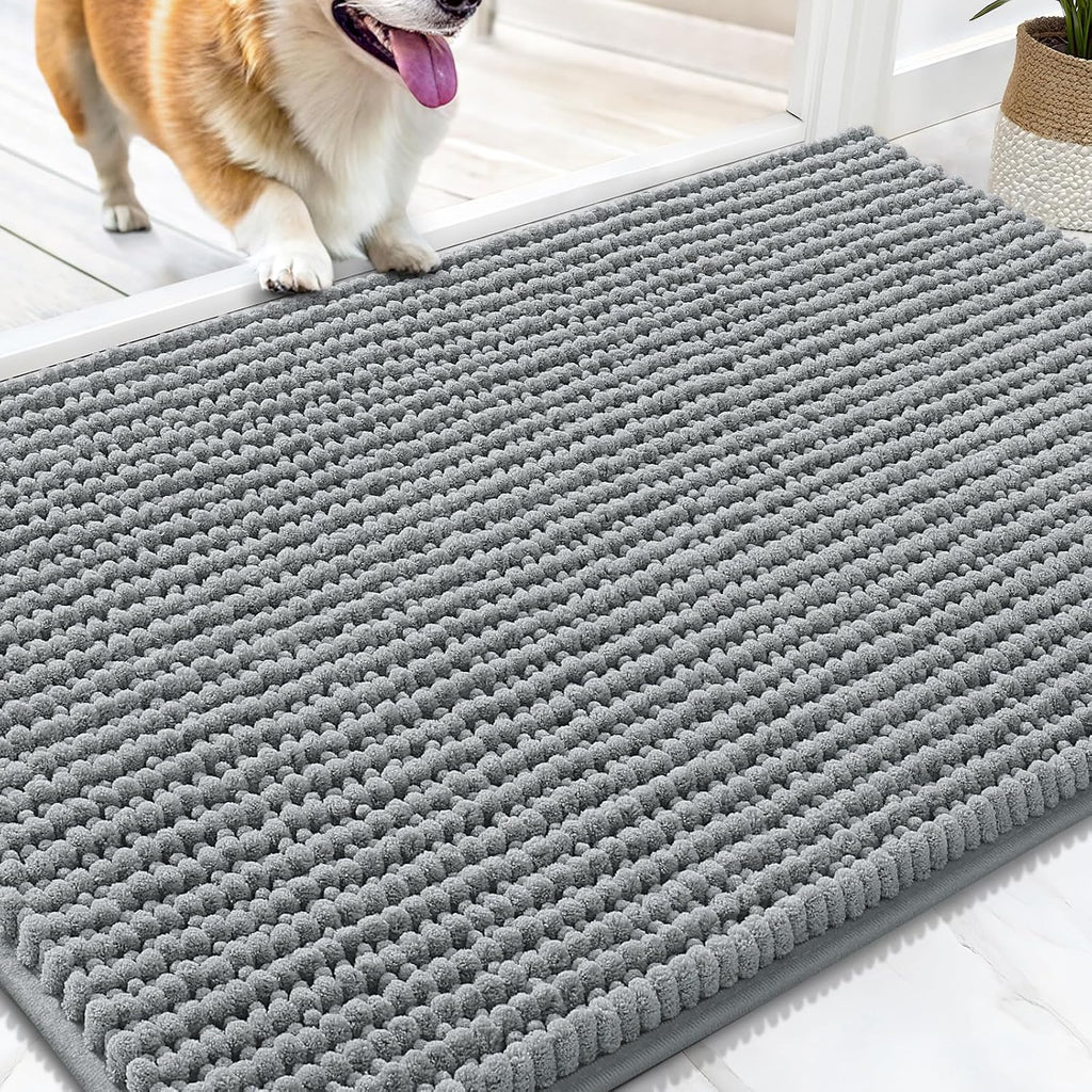 Dog Door Mat for Muddy Paws 30x20, Extra Absorbent Chenille Mud Mat | Grey, Absorbs Moisture and Dirt, Non-Slip Machine Washable Doormat, Quick-Drying Indoor Entryway Floor Mat for Dogs