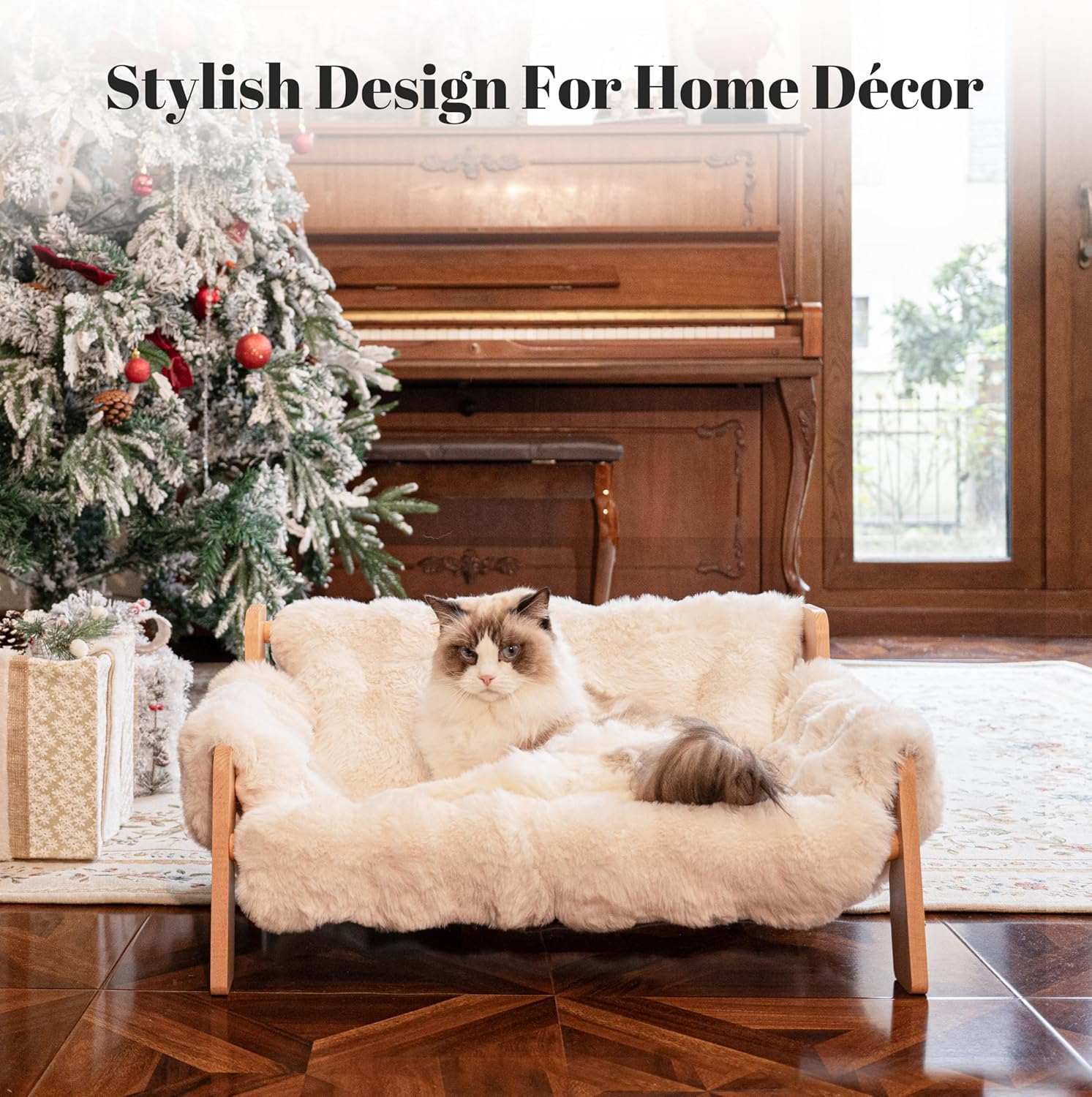 Elevated Cat Couch Bed Wooden Raised Kitty Sofa Lounge Chair | Washable Fluffy Cover Wooden Elevated Pet Furniture for Indoor Cats and Puppy(White) - view 2