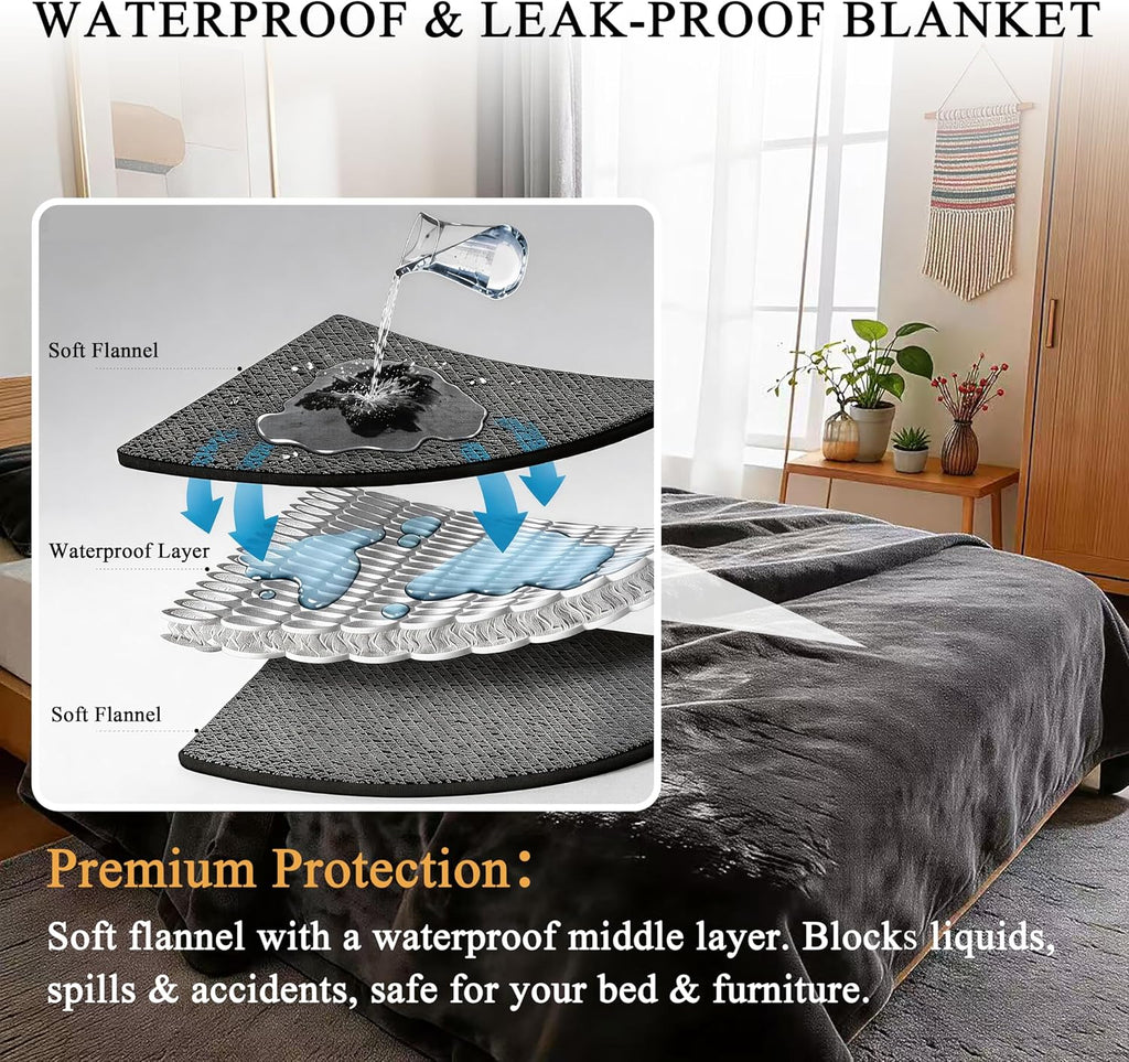 Waterproof Dog Blanket for Bed: King Size Water Proof Blanket, Gray | 100% Waterproof, Soft Double-Sided Flannel, King Size 108" x 90", Pet & Bed Protection, Machine Washable - view 3