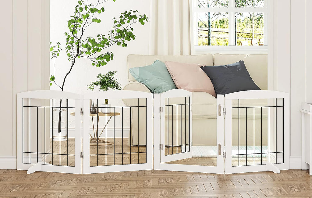 Free Standing Dog Gates for Doorway, Stair, Indoor, Foldable, 24" H | Wooden Small Puppy Pet Gate, Step Over Fence for the House, 60" Wide, Front Door, Kitchen, Living Room, 3 Panels,White - view 3