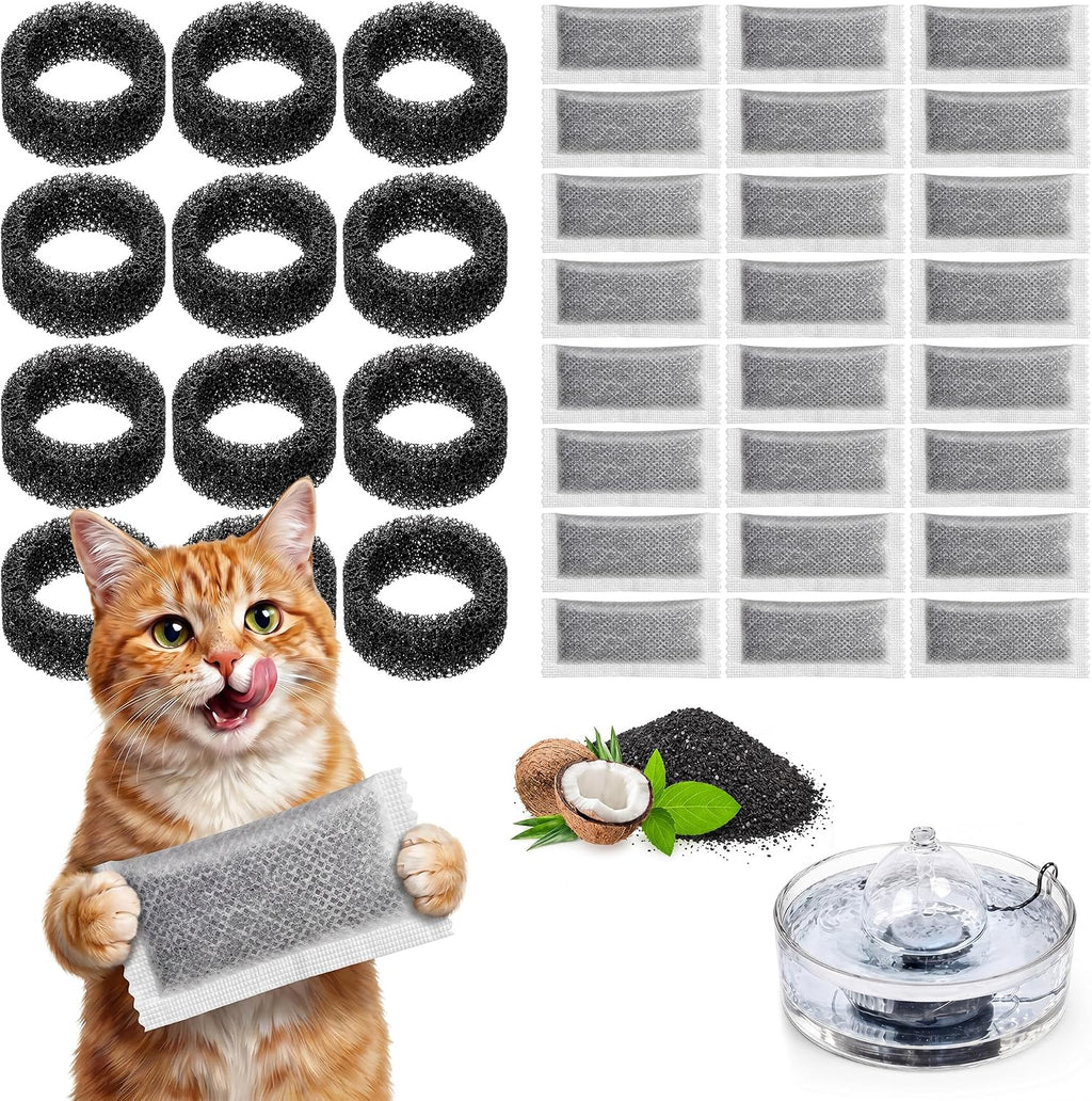 Glass Pet Fountain Filter Compatible with Brook, Cat Water Fountain Filters Kit- 12 Filter Rings & 24 Activated Carbon Pouches, 12 Month Supply Replacement Filters Set