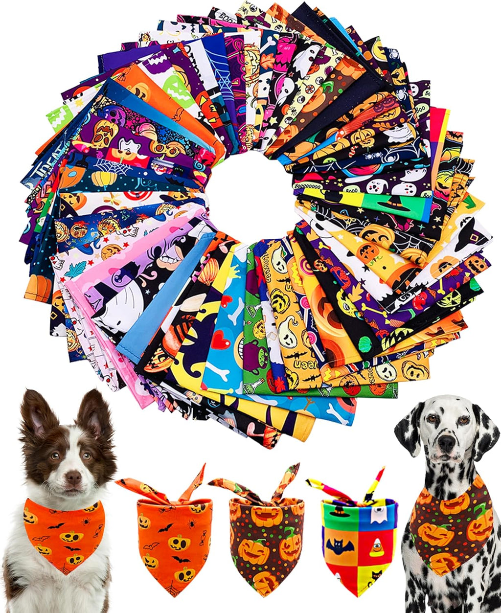 50 Pack Halloween Dog Bandanas Bulk for Large Dogs | Washable triangle bibs scarves,polyester,for medium pets,holiday birthday party grooming accessories